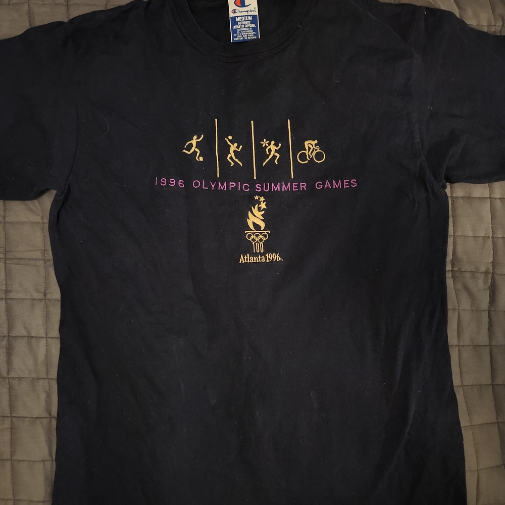 Champion Blue T-Shirt with Embroidered Gold and Purple Olympic Graphics